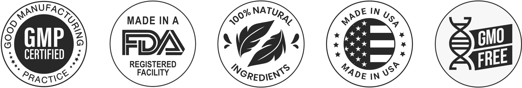 GMP Certified · FDA Registered Facility · 100% Natural Ingredients · Made in USA · GMO Free